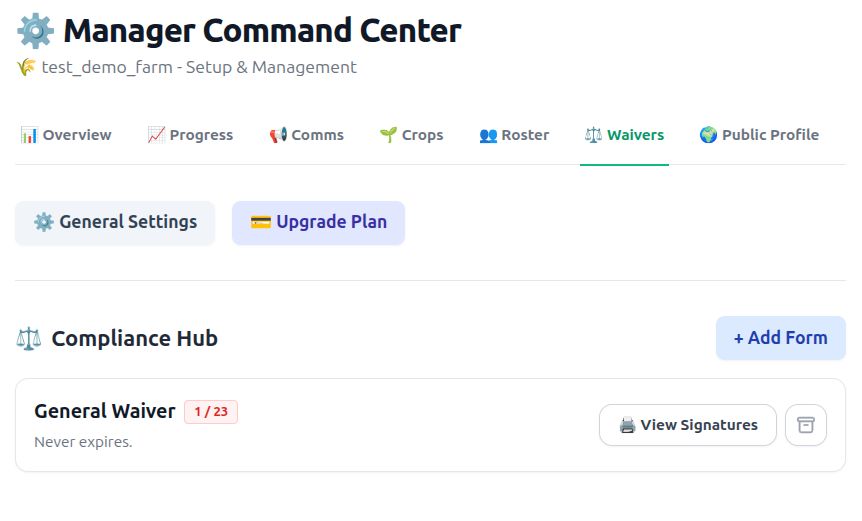 Compliance dashboard tracking signed and missing digital liability waivers for farm volunteers